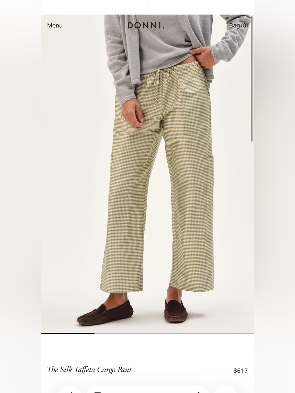 DONNI. Taffeta Cargo Pant in Mushroom/Creme gingham